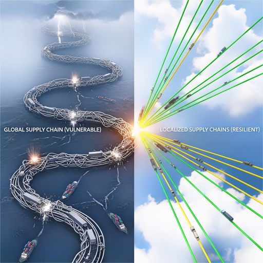 Un gráfico de pantalla dividida que compara una cadena de suministro global larga, devanada y vulnerable con múltiples cadenas de suministro cortas, robustas y localizadas. Vulnerabilidad a la fuerza