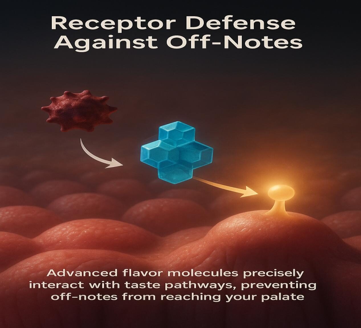 味蕾受体的3D风格化图,其中一个红色不良分子被蓝色遮罩分子阻塞,从而产生了发光的金色宜人的味觉信号。