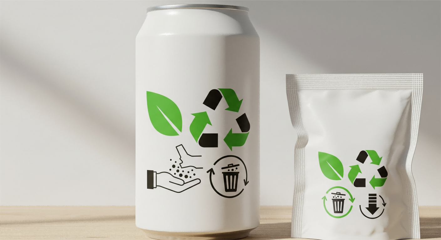 A modern food product, such as a beverage can or snack bag, is depicted with a stylized and integrated design featuring eco-friendly icons like a leaf, recycling symbol, and reduced waste symbol. Изображение имеет реалистичный эффект стрельбы, передавая качество и устойчивость.