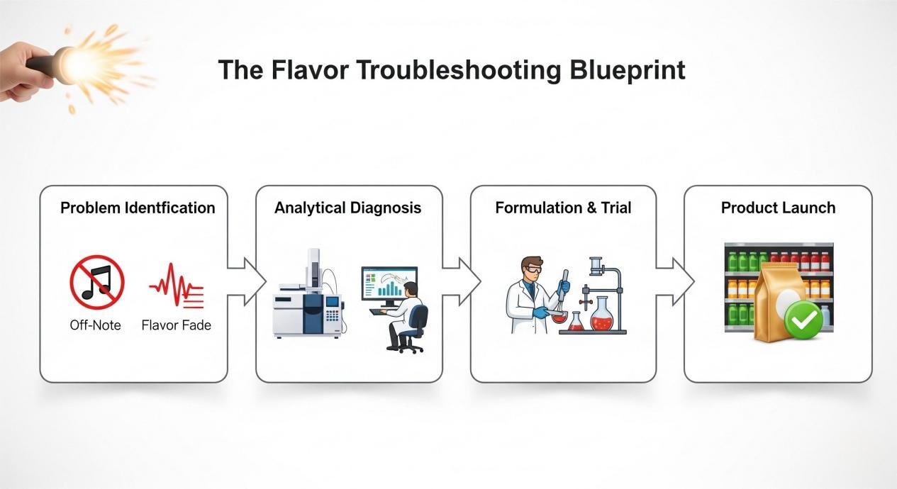 Пошаговая диаграмма процесса под названием «План устранения неполадок в аромате». Первая коробка - «Идентификация проблем», за которой следует стрелка, ведущая к «аналитическому диагнозу». Другая стрелка приводит к «формулировке и испытанию», а финальная стрелка приводит к «запуску продукта», которая показывает продукт на полке продуктового магазина с галочкой.