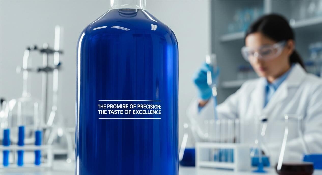 Крупная, высококачественная фотография одной идеально смешанной бутылки продукта. Бутылка красиво освещена без разделения в жидкости. Тонкое, вне фокуса изображения ученого на лабораторной скамейке находится на заднем плане.