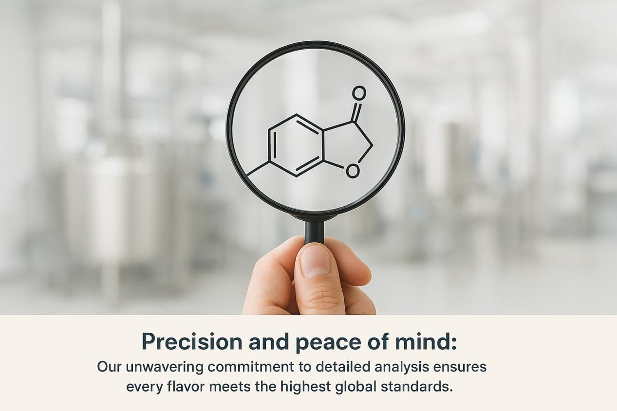 一只手的极简图像在详细的分子结构上握着放大镜,象征着科学精确和安全检查。模糊的背景显示了现代食品制造工厂。字幕写着:“精确与安心:我们对详细分析的坚定承诺确保了每种口味都达到全球最高标准。”