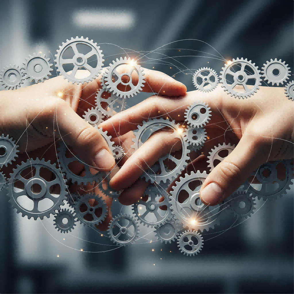 Una imagen de las manos entrelazadas con engranajes, simbolizando cadenas de suministro fuertes e interconectadas.