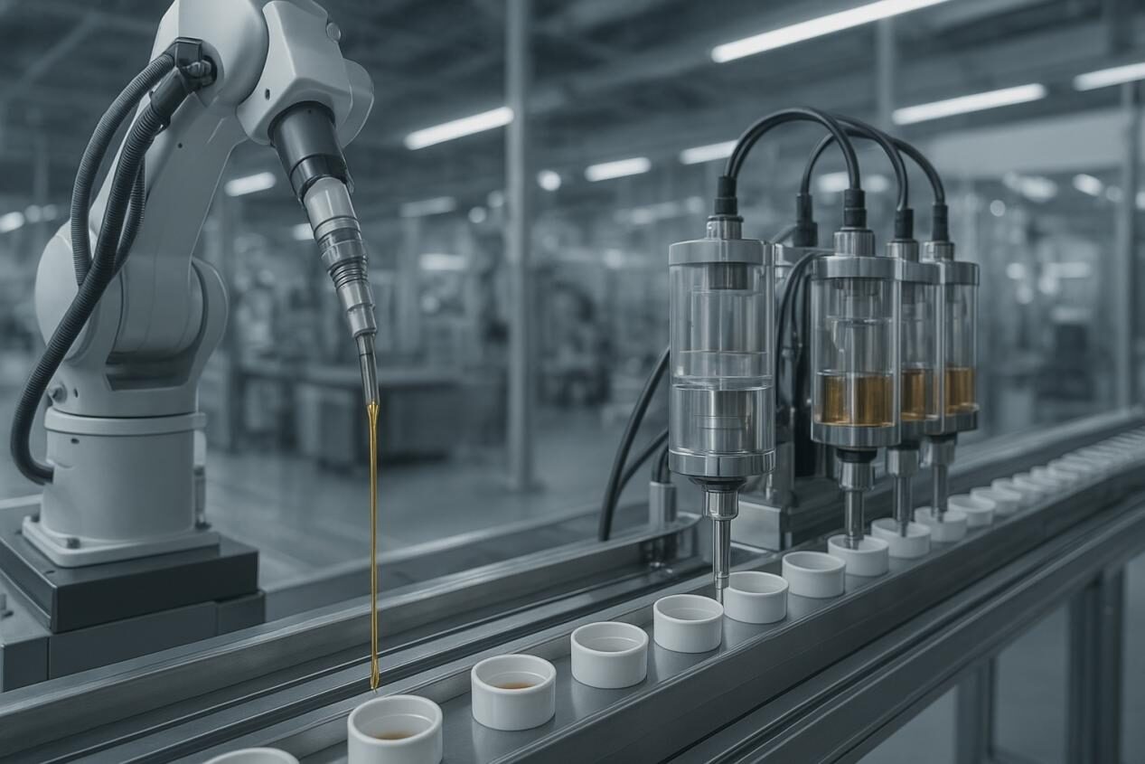 Одиночная, идеально сформированная капля жидкости подвешена в воздухе на фоне мягкого фокуса текущей воды и зеленых листьев. Образ - это реалистичная фотография, которая символизирует драгоценность, чистоту и устойчивое использование, передавая ценность и экологическое сознание.