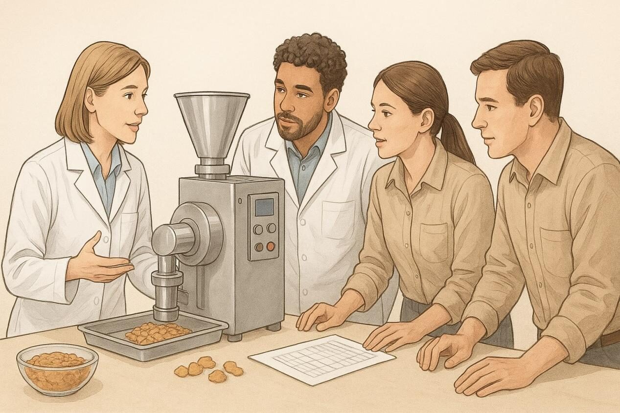 Food scientists collaborating in flavor development laboratory