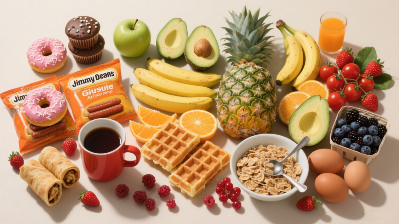 A rich platter of various fresh fruits, baked goods, and breakfast ingredients, vibrant in color and full of energy