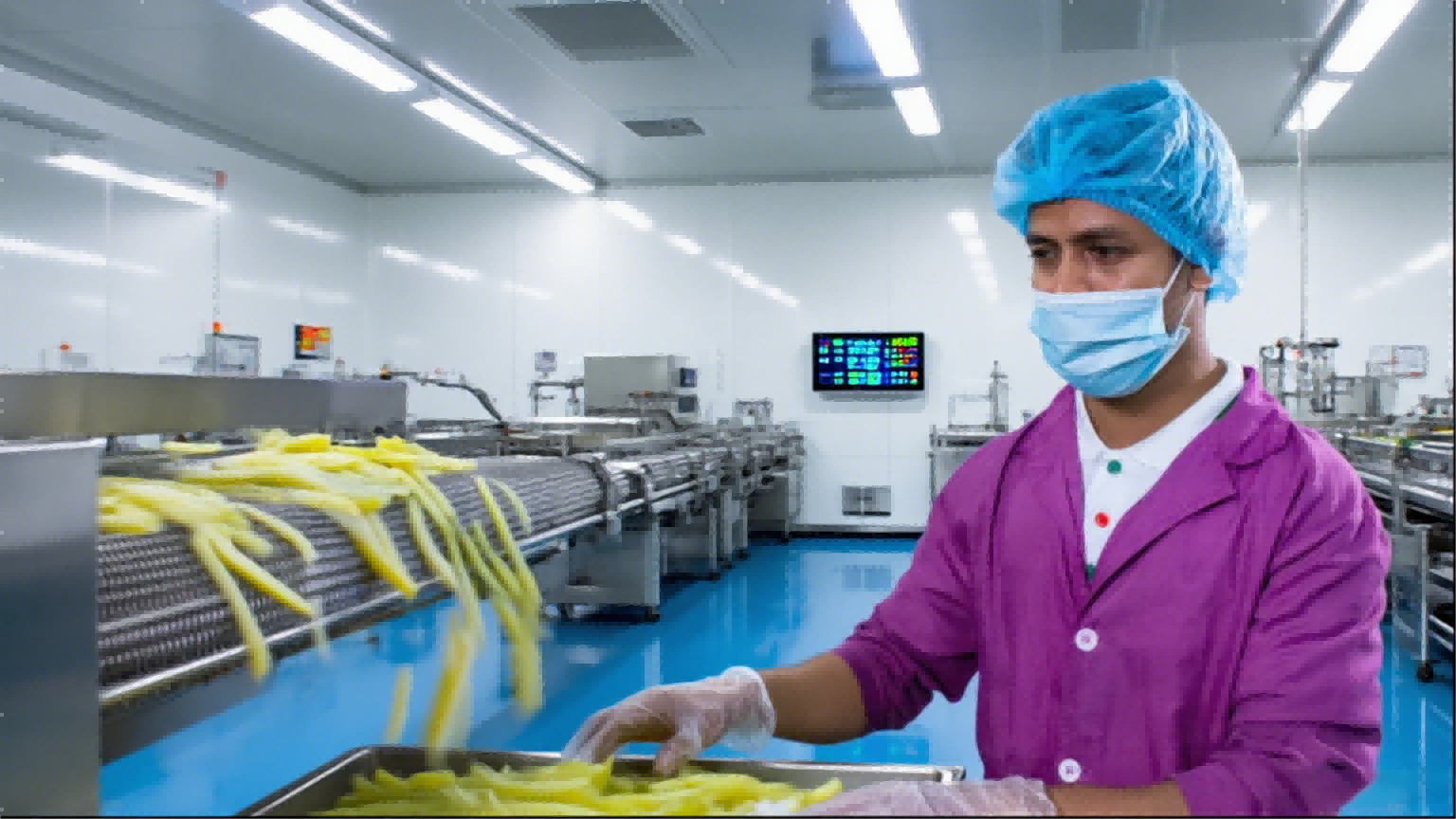  A food production worker wearing a hairnet and mask looks at a conveyor belt of french fries in a clean, brightly lit factory.