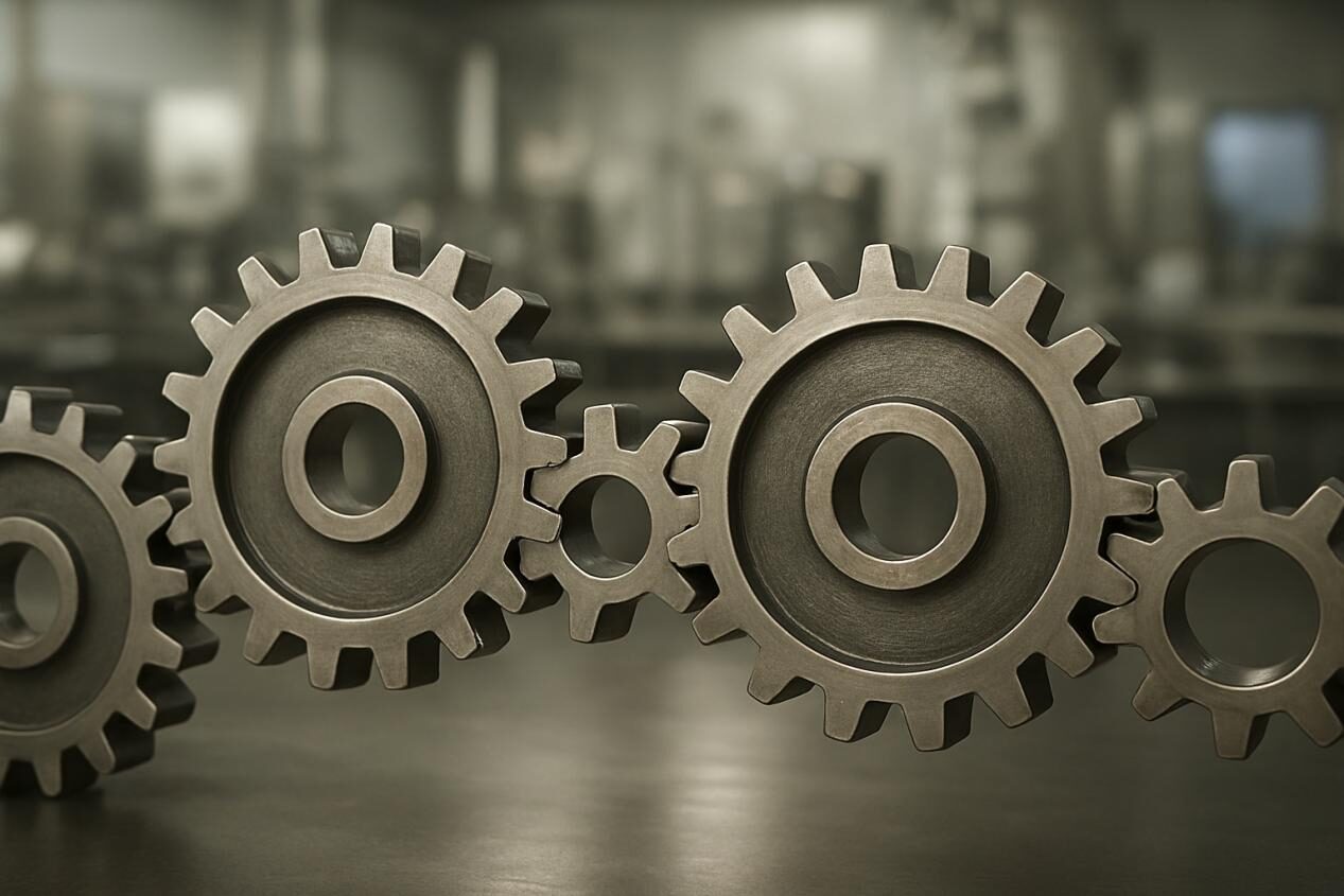 Abstract realistic visualization of interlocking gears and molecular chains, symbolizing consistent flavor quality and reliable food production processes, with a subtle laboratory background.
