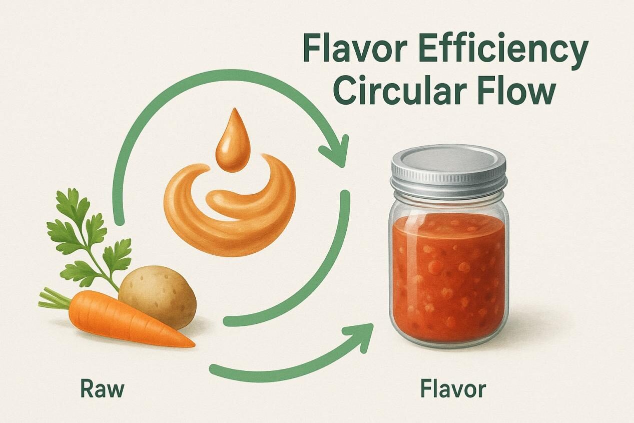 Circular flow diagram showing raw food ingredients transforming into finished products with a swirl of flavor seamlessly integrated, symbolizing efficiency, sustainability, and waste-free flavor use.