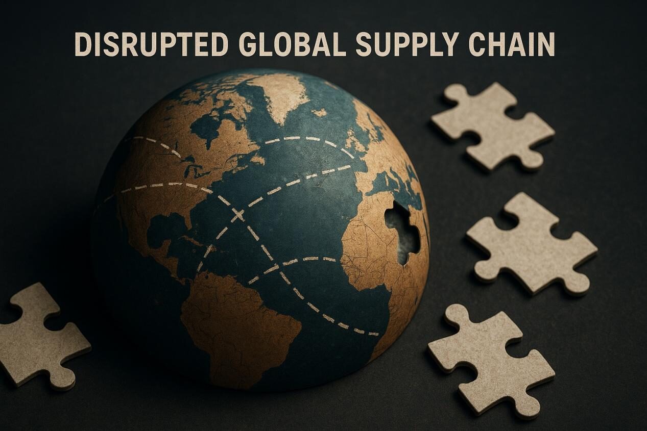 A realistic depiction of a globe with broken trade routes and missing puzzle pieces, symbolizing global supply chain instability.