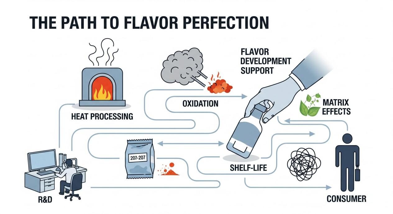 An infographic titled "The Path to Flavor Perfection" shows a winding, complex path from a small R&D lab on the left to a consumer on the right. Along the path are obstacles labeled "Heat Processing," "Oxidation," "Shelf-Life," and "Matrix Effects." A guiding hand, representing "Flavor Development Support," is shown helping a product over these obstacles to ensure a smooth journey.