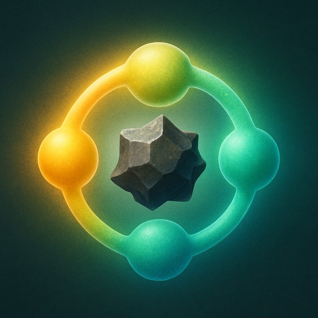  Abstract artistic representation of a dull jagged molecule being surrounded by vibrant, harmonious molecules with a glowing halo, symbolizing the masking of bad taste compounds by advanced food-grade flavors.