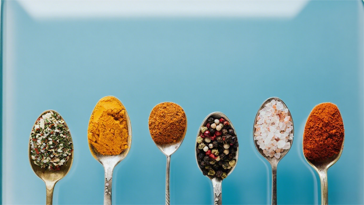 Six vintage spoons arranged in a row, each holding different spices and seasonings against a white marble background
