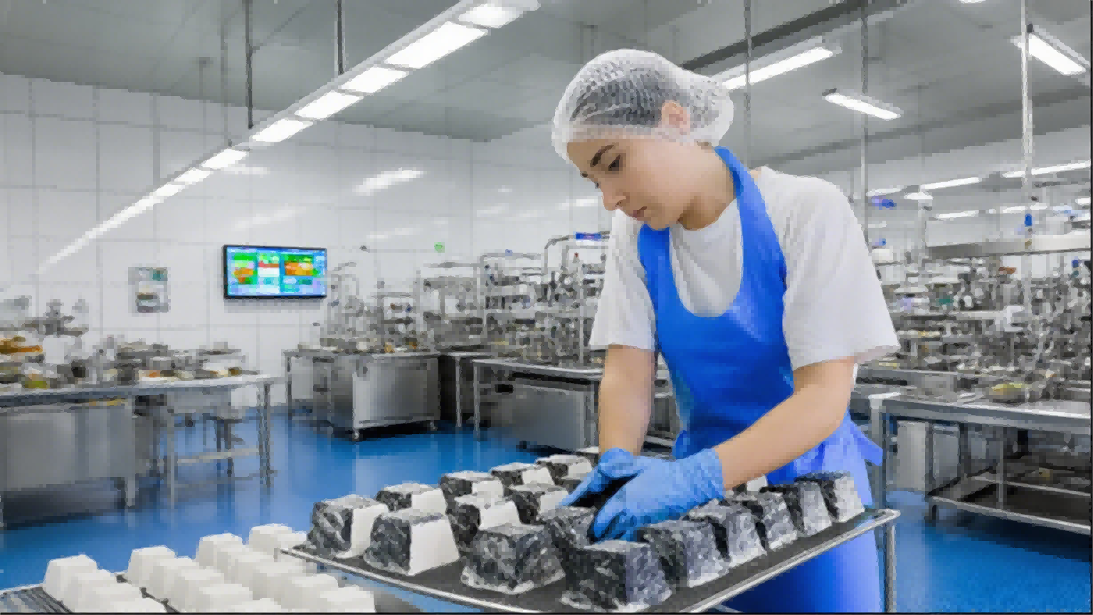 A food production worker wearing a hairnet and gloves works with blocks of cheese on a tray in a clean factory.