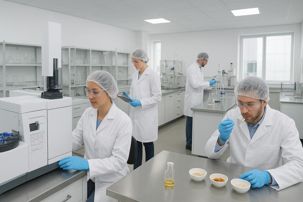 Professional food science laboratory with scientists using precision instruments like GC-MS and performing sensory evaluations, symbolizing rigorous quality control and accurate flavor analysis.