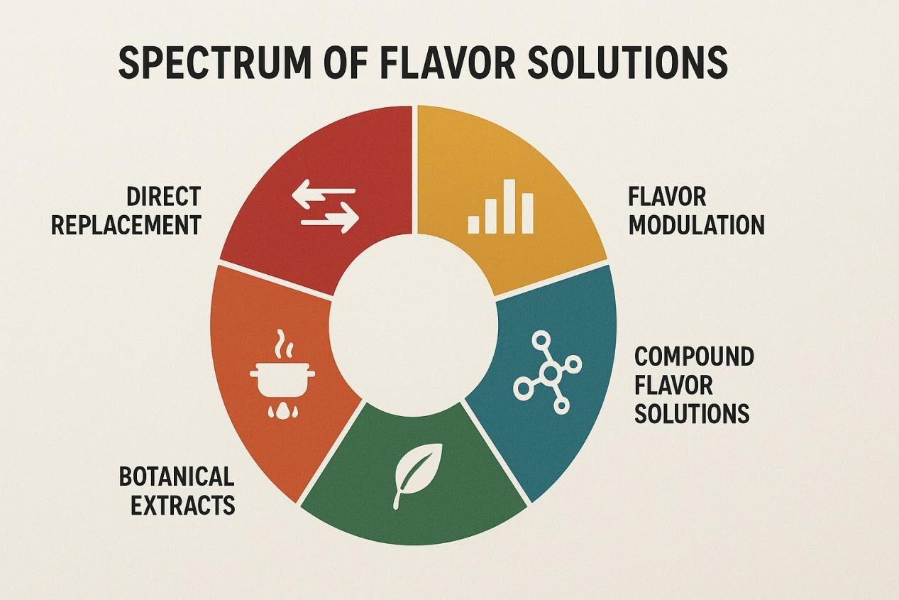 A circular infographic diagram showing the spectrum of flavor solutions with five categories: Direct Replacement, Flavor Modulation, Compound Flavor Solutions, Process Flavors, and Botanical Extracts, each represented with clear icons.