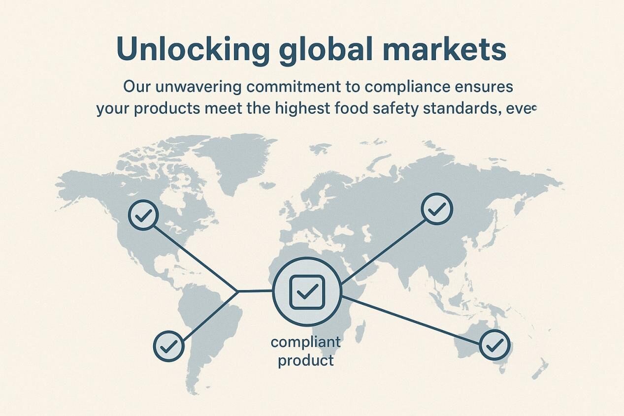 Minimalist world map infographic with highlighted regions marked by checkmarks, connected to a central compliant product icon. Caption reads: “Unlocking global markets: Our unwavering commitment to compliance ensures your products meet the highest food safety standards, everywhere.”