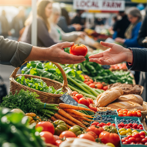 An appealing image of a farmer and a customer exchanging a fresh tomato, surrounded by local produce.