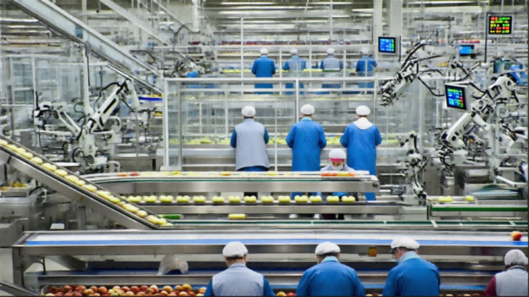  A group of factory workers in a large food processing plant oversee the automated sorting and packaging of apples on a series of conveyor belts.