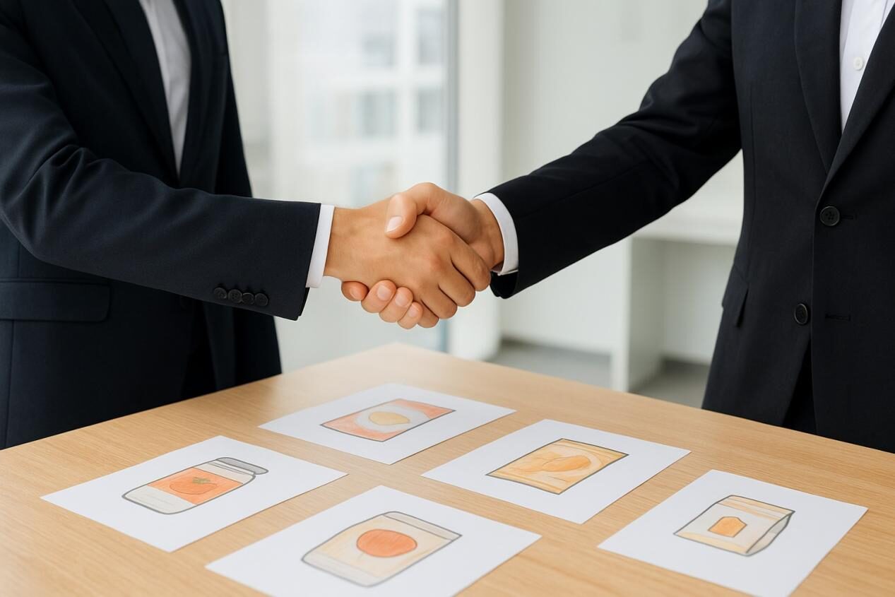 Professional image of two businesspeople shaking hands over a table with food product sketches, symbolizing trust, collaboration, and reliable flavor supplier partnerships in a modern setting.