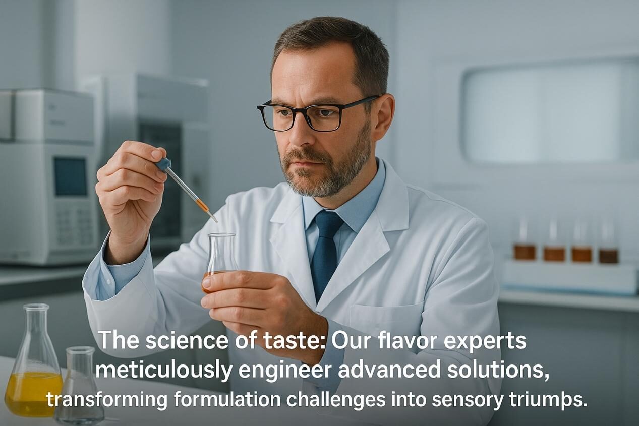 A food scientist in a modern laboratory carefully uses a pipette to add liquid into a beaker, with analytical instruments and glassware in the background, symbolizing precision and expertise in flavor formulation.