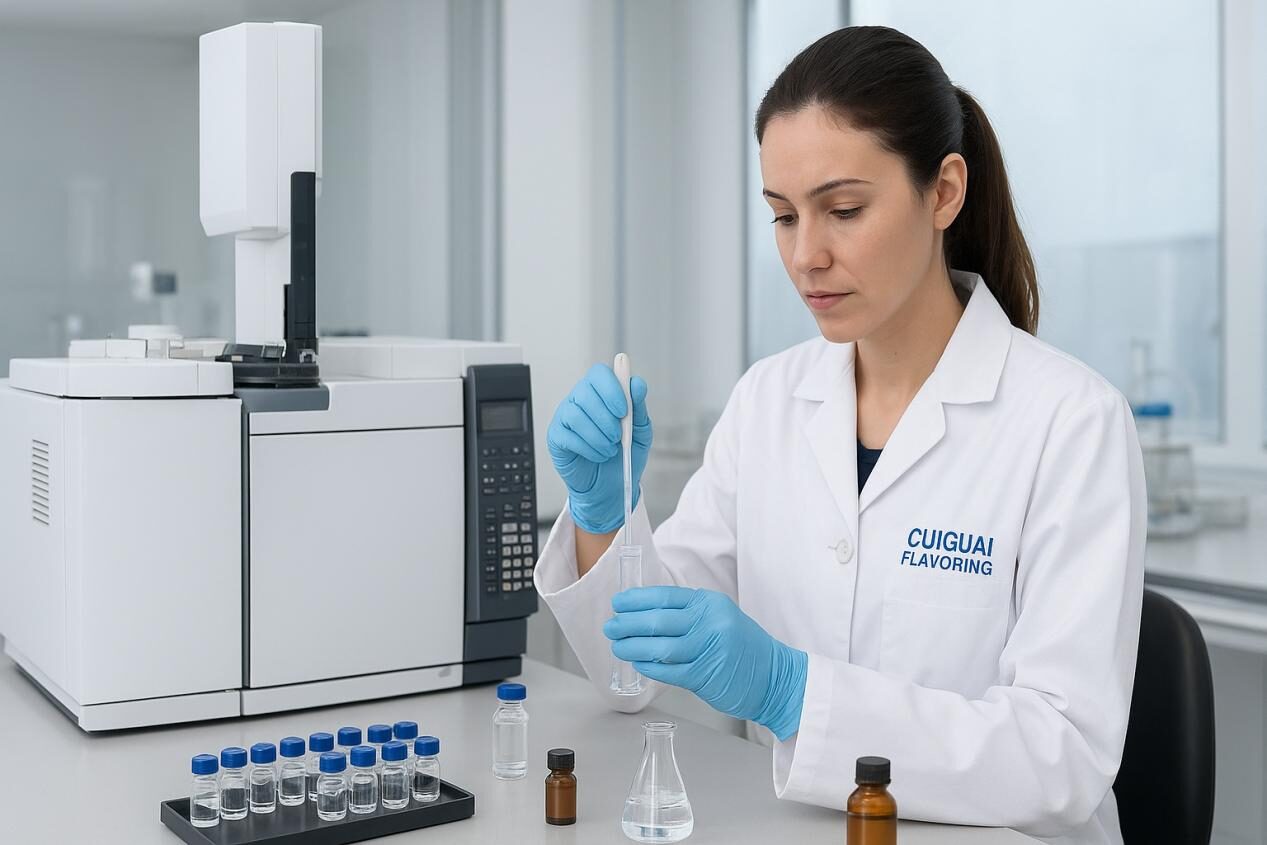 A professional photo of CUIGUAI Flavoring’s research and development lab showing a flavorist in a white lab coat working with analytical equipment and flavor samples, symbolizing scientific rigor and innovation.