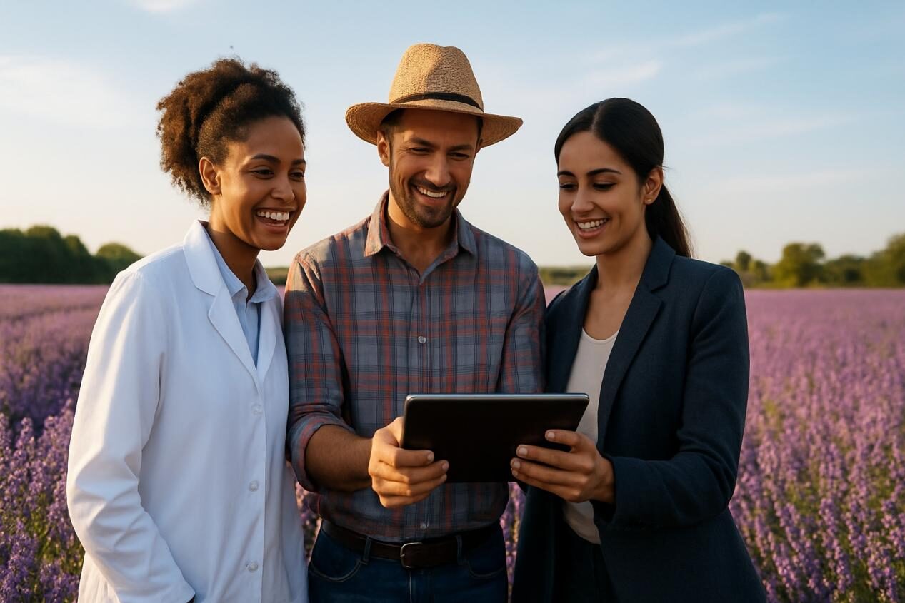 Photo of three people in a lavender field Food and beverage flavors+CUIGUAI Flavor
