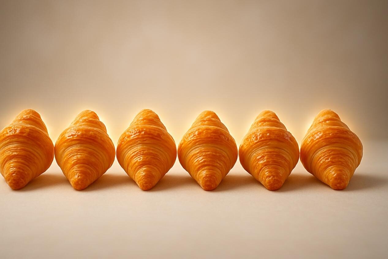 Row of identical pastries with a subtle glowing aura, symbolizing consistent product quality, consumer satisfaction, and enduring brand loyalty.