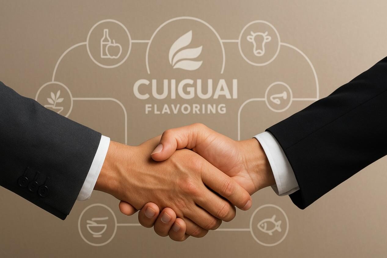A realistic image symbolizing future readiness and collaboration, showing a handshake with the CUIGUAI Flavoring logo in the background, representing stability, partnership, and a strong global food supply chain.