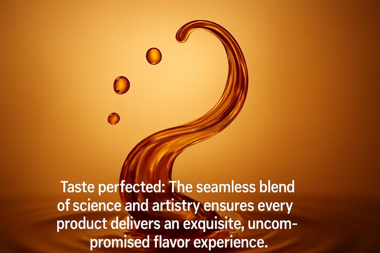 A 3D close-up of amber liquid forming elegant swirls and droplets, illuminated with a warm inner glow to symbolize purity and unadulterated flavor.