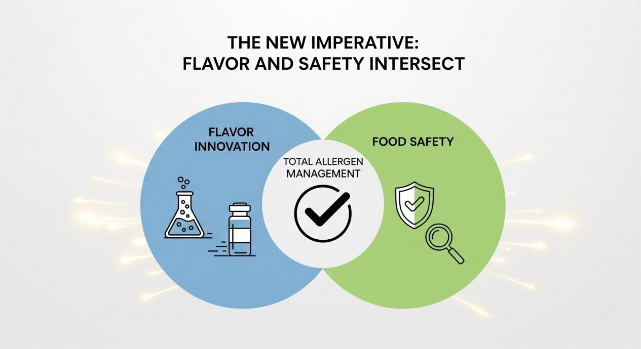 专业信息图显示了两个相交的圆圈。第一个标记为“风味创新”的圆圈包含烧杯和风味小瓶的图标。第二个圆圈“食品安全”具有盾牌和放大镜的图标。这两个圆的交集标记为“总过敏原管理”,并带有一个较大的粗体检查标记。标题是“新的命令:风味和安全相交”。