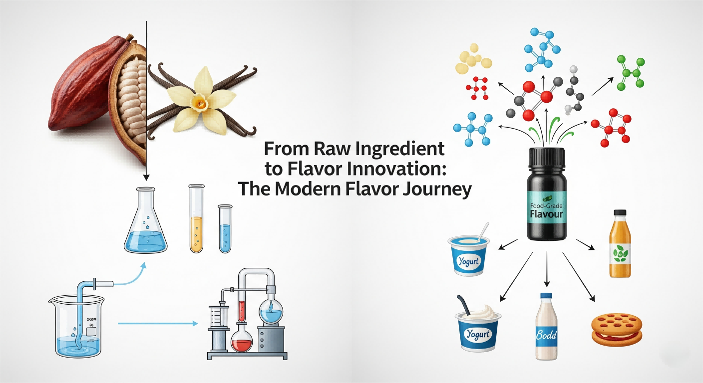 رسم بياني بعنوان "من المكون الخام إلى الابتكار النكهة: رحلة النكهة الحديثة." يظهر الجانب الأيسر حبة الفانيليا وجراب الكاكاو مع سهم يشير إلى دورق ، يرمز إلى الاستخراج. يظهر الجانب الأيمن زجاجة ذات جزيئات النكهة تشير إلى العديد من المنتجات الغذائية مثل الزبادي وجودة جيدة.