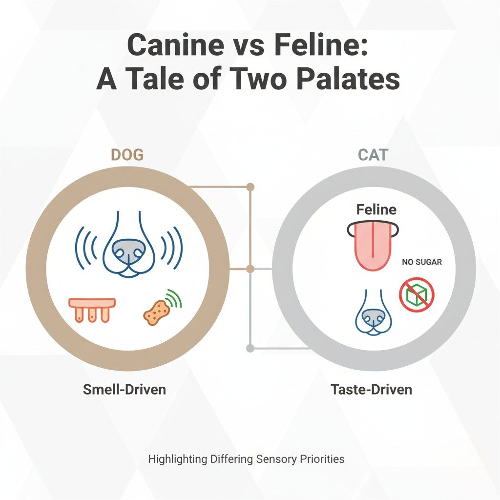Un diagramme simple et élégant intitulé «Canine vs Feline: A Tale of Two Palates», comparant les systèmes sensoriels d'un chien et d'un chat. Dans le cercle du chien, une grande icône de nez domine, avec des icônes plus petites représentant des papilles gustatives et une texture croquante. Dans le cercle du chat, une grande icône d'une langue avec un signe "sans sucre" est proéminente, accompagnée d'une plus petite icône de nez. Le diagramme met efficacement les différentes priorités sensorielles entre les chiens et les chats concernant la nourriture.