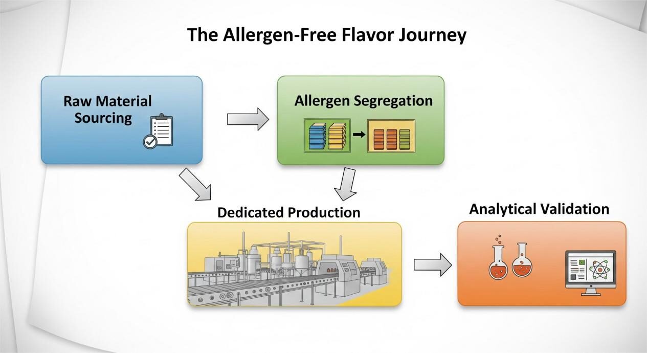 分步流程图,标题为“无过敏味的风味之旅”。第一个框是“原材料采购”,然后是“过敏原隔离”的箭头,然后是“专用生产”的另一个箭头,以及“分析验证”的最终箭头。每个框都包含相关图标。