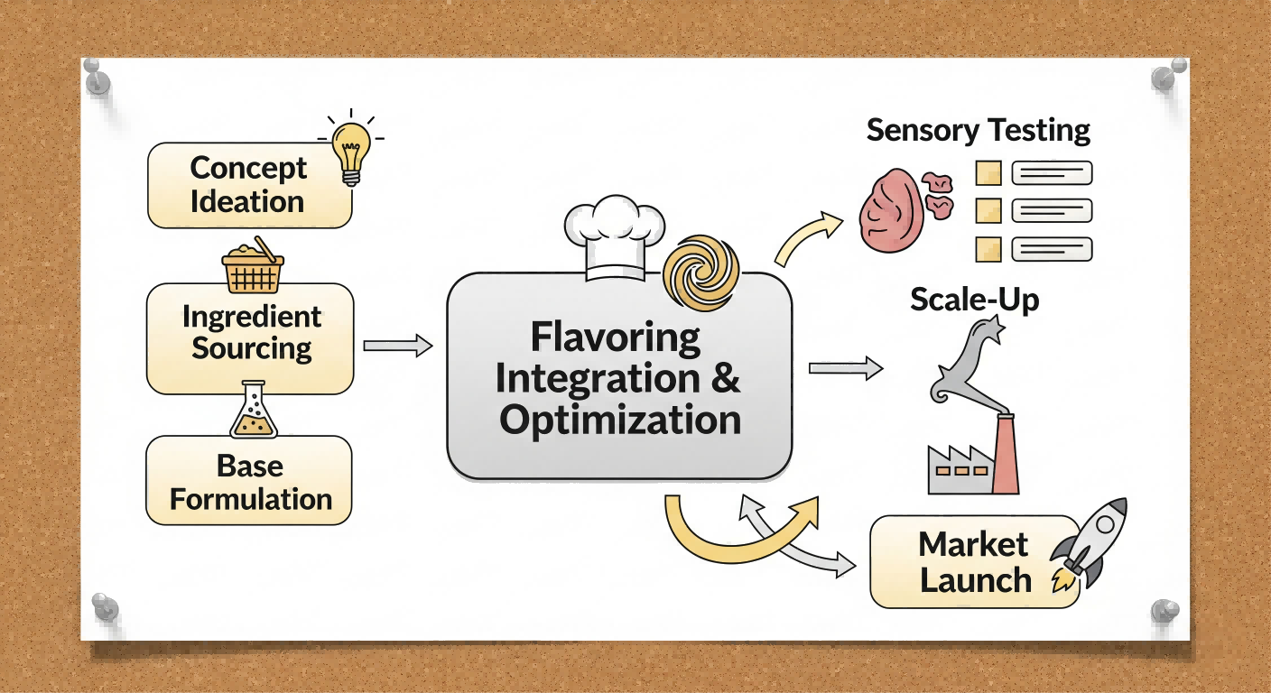 مخطط انسيابي يوضح خطوات تطوير المنتجات الجديدة. إنه يبدأ بـ "التفكير في المفهوم" ، ثم "مصادر المكونات" ، و "الصيغة الأساسية" قبل الوصول إلى مربع مركزي لـ "تكامل النكهة والتحسين". من هناك ، ينتقل إلى "الاختبار الحسي" و "Scale-Up" و "Launch Market". حلق السهم من "الاختبار الحسي" إلى "تكامل وتحسين النكهة" لإظهار العملية التكرارية.