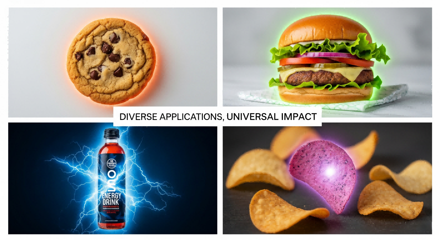 شبكة من أربعة لوحات تظهر منتجات غذائية مختلفة. تحتوي لوحة أعلى اليسار على ملف تعريف ارتباط مخفض السكر مع توهج برتقالي. يظهر أعلى اليمين برغر قائم على النبات مع توهج أخضر. يمتلك اليسار السفلي مشروب طاقة محصن مع هالة كهربائية زرقاء. يحتوي أسفل اليمين على شريحة خفيفة من الذواقة مع توهج أرجواني. النص "تطبيقات متنوعة ، تأثير عالمي" في مركز الشبكة.