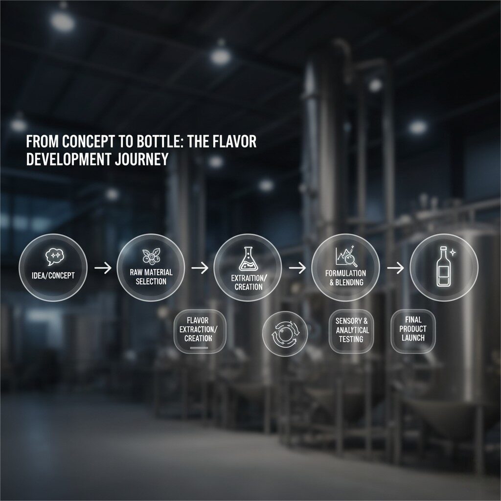 Un diagrama de flujo titulado "De concepto a botella: el viaje de desarrollo de sabores". Muestra los siguientes pasos: "Idea/concepto" con una burbuja de pensamiento, que conduce a la "selección de materia prima" con íconos para botánicos y frutas. El siguiente es "Extracción/creación de sabores" con un vaso de vaso de laboratorio, luego "Formulación y mezcla" con flechas de mezcla. Esto conduce a "pruebas sensoriales y analíticas" con un gráfico, y finalmente "lanzamiento final del producto" con un ícono de botella. La estética general es limpia y moderna.