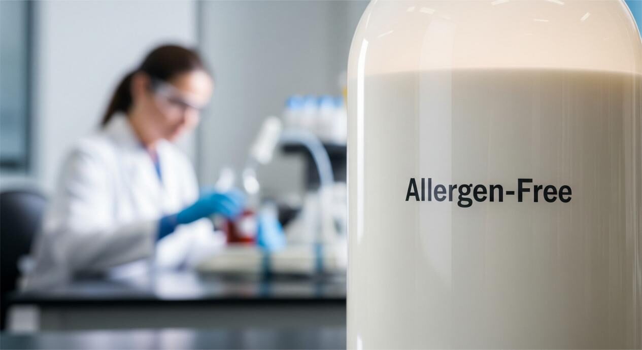 瓶中完美混合产品的特写照片,带有明确的“无过敏原”标签。图像光线亮得很漂亮,在背景中,科学家在实验室长凳上巧妙地焦点,象征着科学严谨的。标题是“坚不可摧的承诺:安全可口”。