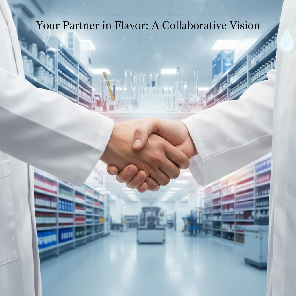 Крупным планом снимком рукопожатия между разработчиком продукта, носящим лабораторный халат, и экспертом по вкусу, чья форма тонко имеет значок капли вкуса. Фон представляет собой яркую, вне фокусировки сцены, изображающая лабораторию разработки продукта, библиотеку вкуса и фабричный пол, предлагающий бесшовную интеграцию в разных операциях. Общее название - «Ваш партнер по вкусу: совместное видение».