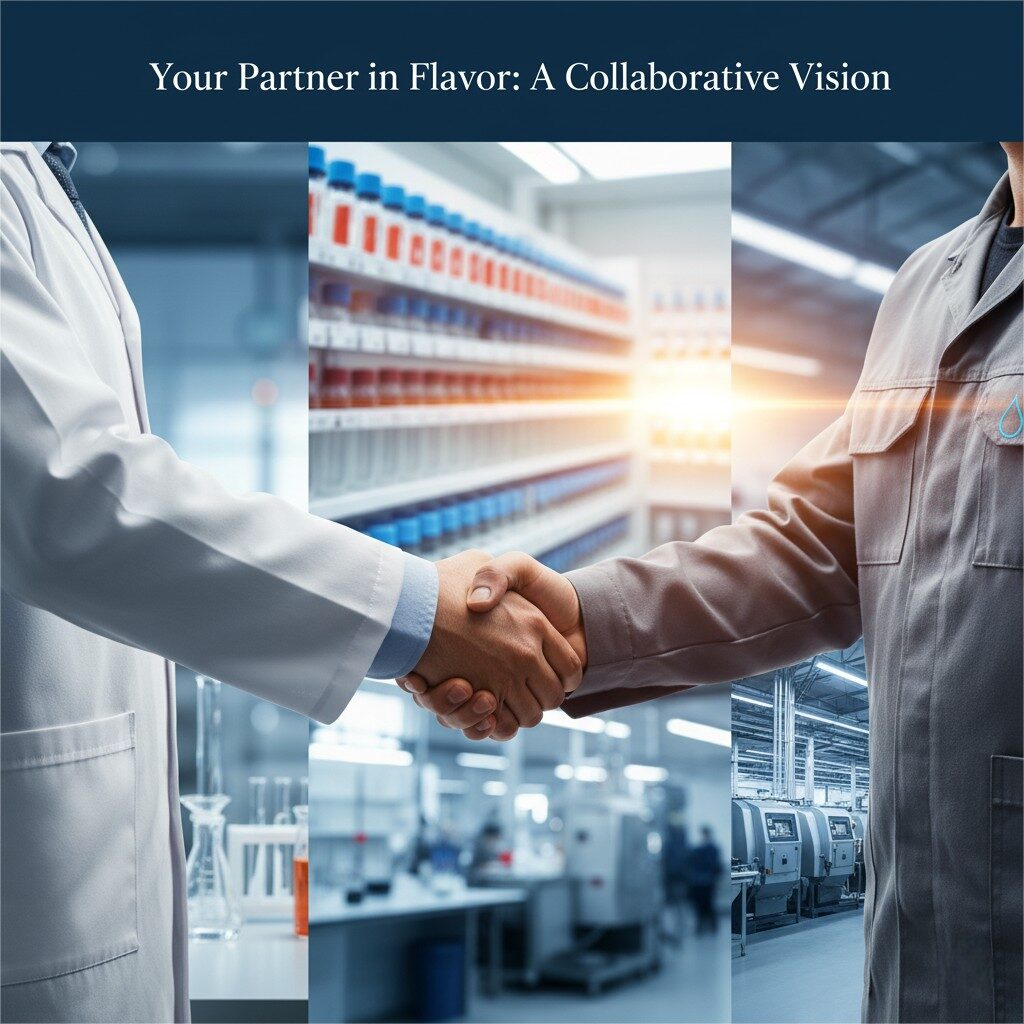لقطة عن قرب لمصافحة بين مطور منتج يرتدي معطفًا معمليًا وخبيرًا في النكهة يتميز الزي الرسمي بمهارة رمز قطرة نكهة. الخلفية عبارة عن مشهد نابض بالحياة خارج التركيز يصور مختبرًا لتطوير المنتجات ، ومكتبة نكهة ، وأرضية مصنع ، مما يشير إلى تكامل سلس عبر العمليات. العنوان العام هو "شريكك في النكهة: رؤية تعاونية".