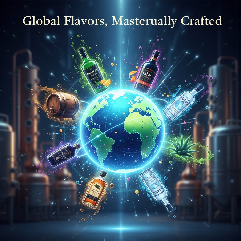 Una ilustración vibrante y de alta energía titulada "Sabores globales, magistralmente elaborados". Un globo estilizado está rodeado de varios íconos de espíritu, que incluye un barril de whisky, una botella de ginebra con botánicos y una planta de agave de tequila, que representa las tendencias de sabor global. Lo visual es dinámico y optimista, lo que sugiere un futuro de posibilidades de sabor ilimitadas.