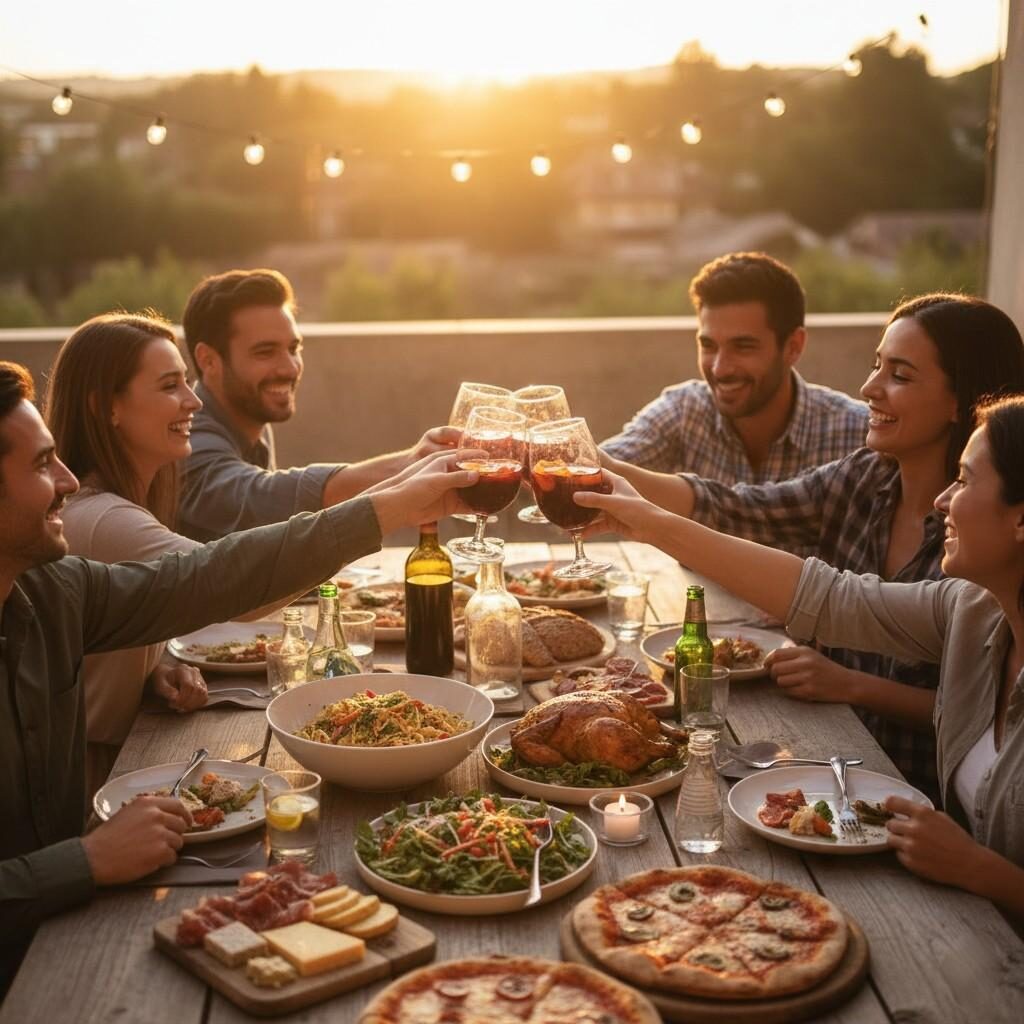 صورة دافئة وجذابة 16: 9 تلتقط مجموعة متنوعة من الأشخاص الذين يشاركون بسعادة وجبة. يُظهر المشهد الأفراد يضحكون ويتحدثون حول طاولة محملة بشكل جميل مع مجموعة متنوعة من الأطعمة والمشروبات اللذيذة. الجو بهيج ومتصل ، مع إضاءة واقعية وشعور طبيعي ، مع التركيز على المتعة المجتمعية للطعام والروابط العاطفية التي تعززها. تلتزم الصورة بشكل مثالي الغرض النهائي من النكهة: خلق تجارب لا تنسى.