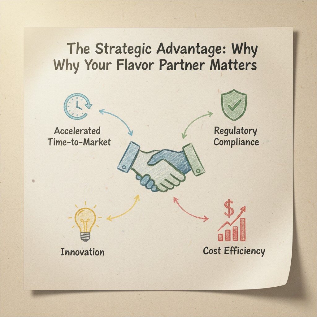 An infographic titled "The Strategic Advantage: Why Your Flavor Partner Matters." In the center, two hands in a handshake symbolize partnership. Four arrows radiate from the handshake to icons representing key benefits: a clock icon for "Accelerated Time-to-Market," a shield with a checkmark for "Regulatory Compliance," a lightbulb for "Innovation," and a dollar sign with an upward-trending bar graph for "Cost Efficiency." The infographic has a realistic, paper-like texture and a soft, natural lighting effect.