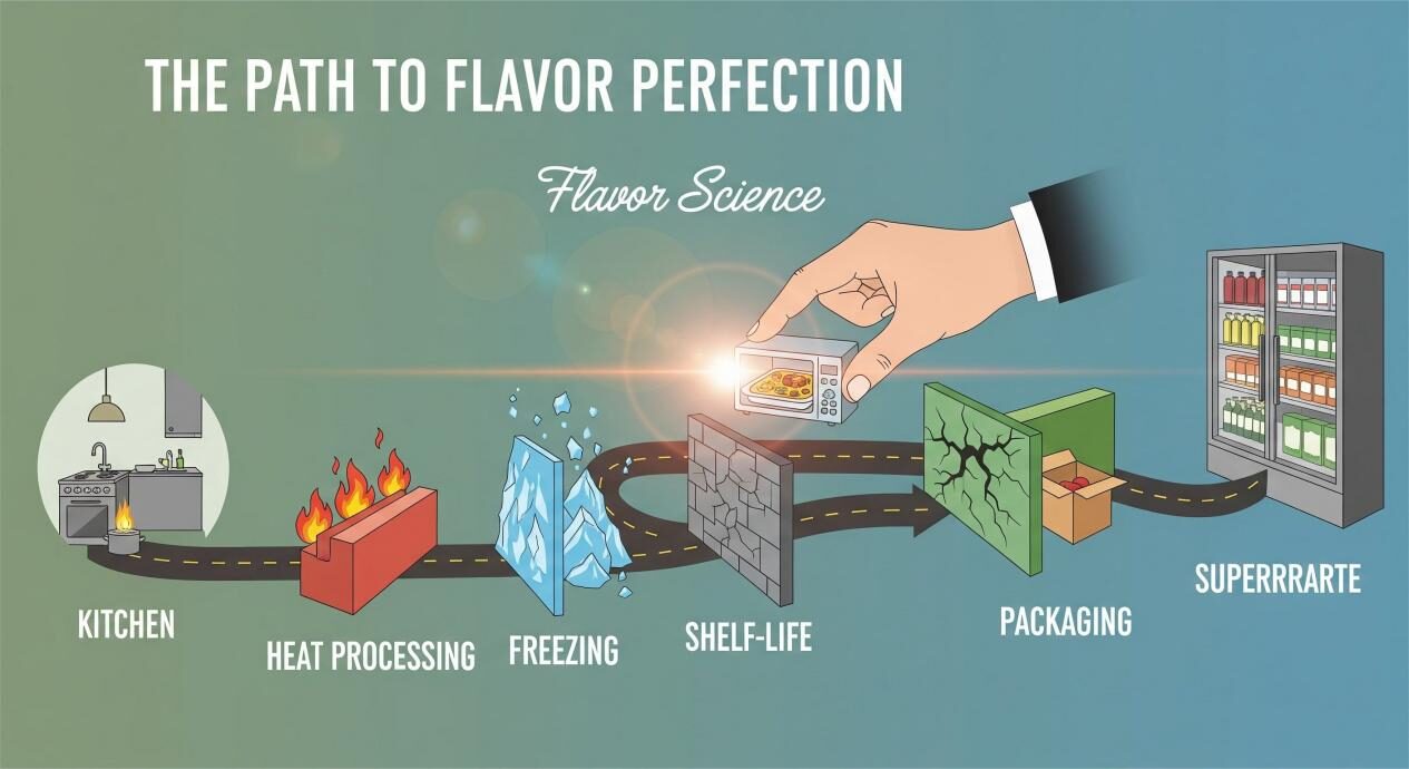 An infographic showing a winding path from a kitchen to a supermarket aisle. Along the path are obstacles labeled "Heat Processing," "Freezing," "Shelf-Life," and "Packaging." A guiding hand, representing "Flavor Science," helps a ready meal over these obstacles. The title is "The Path to Flavor Perfection."