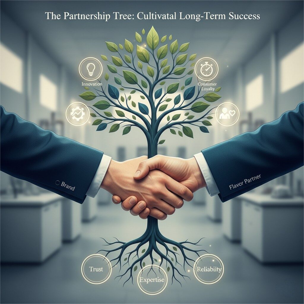 An intricate and elegant infographic titled "The Partnership Tree: Cultivating Long-Term Success." It features two hands shaking, one labeled "Brand" and the other "Flavor Partner." From their connection, a stylized tree grows. The roots of the tree are labeled with keywords such as "Trust," "Expertise," and "Reliability." The branches and leaves of the tree are represented by icons symbolizing "Innovation," "Growth," "Efficiency," and "Consumer Loyalty."
