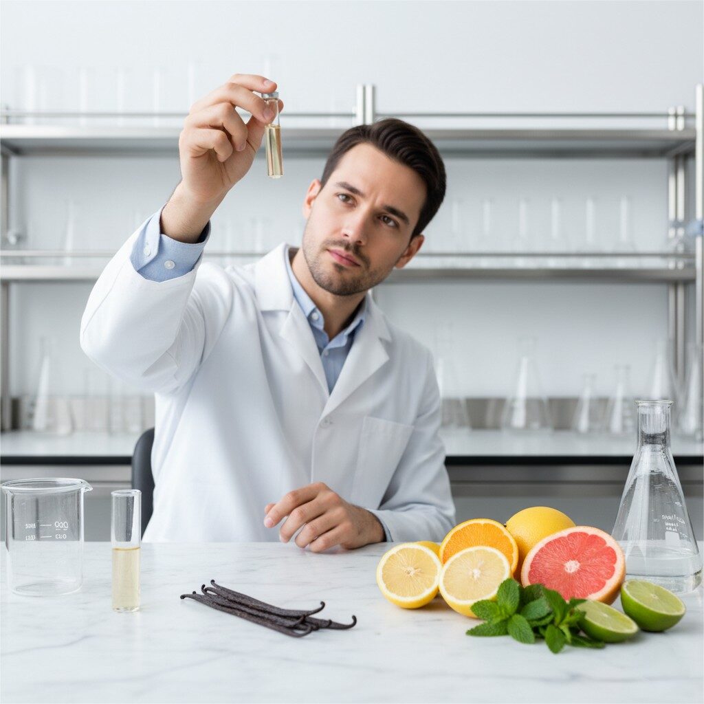 A close-up, well-lit photograph of a flavorist or chemist in a modern, pristine laboratory, holding up a clear glass vial containing a light-colored liquid. The person is wearing a white lab coat. In the slightly blurred background, natural ingredients such as vanilla beans, slices of citrus fruit, and fresh mint leaves are artfully arranged on a clean white surface, visually emphasizing the connection between scientific flavor creation and natural sources. The lighting is bright and even, highlighting the details of both the lab setting and the natural elements.