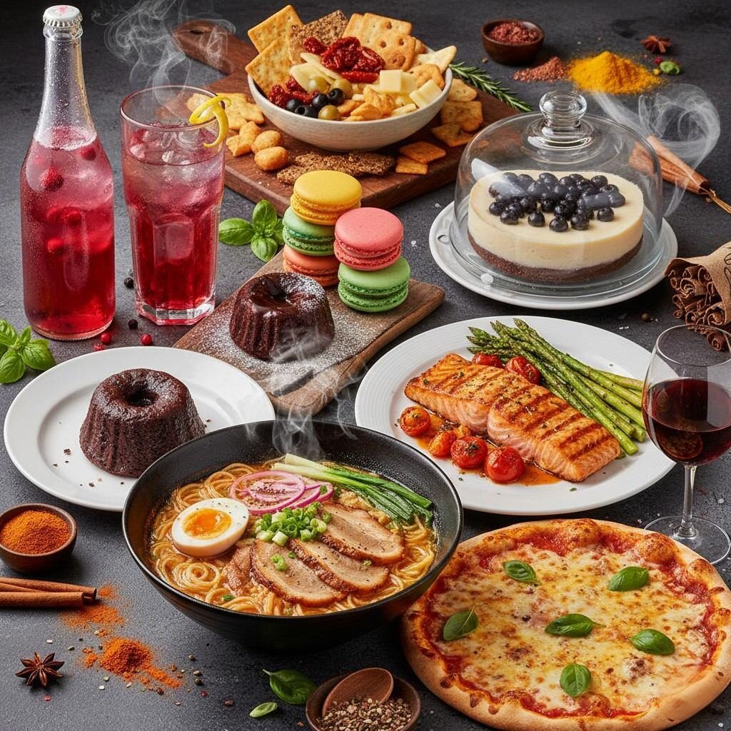 A vibrant, high-resolution 16:9 collage showcasing an array of appealing food and beverage products. The image features sparkling beverages, elegantly presented gourmet snacks, richly colored desserts, and satisfying savory meals. Each item is captured with a realistic shooting effect, emphasizing textures and details to evoke strong senses of taste and aroma. The overall impression is one of culinary abundance and delight, perfect for a food blog.