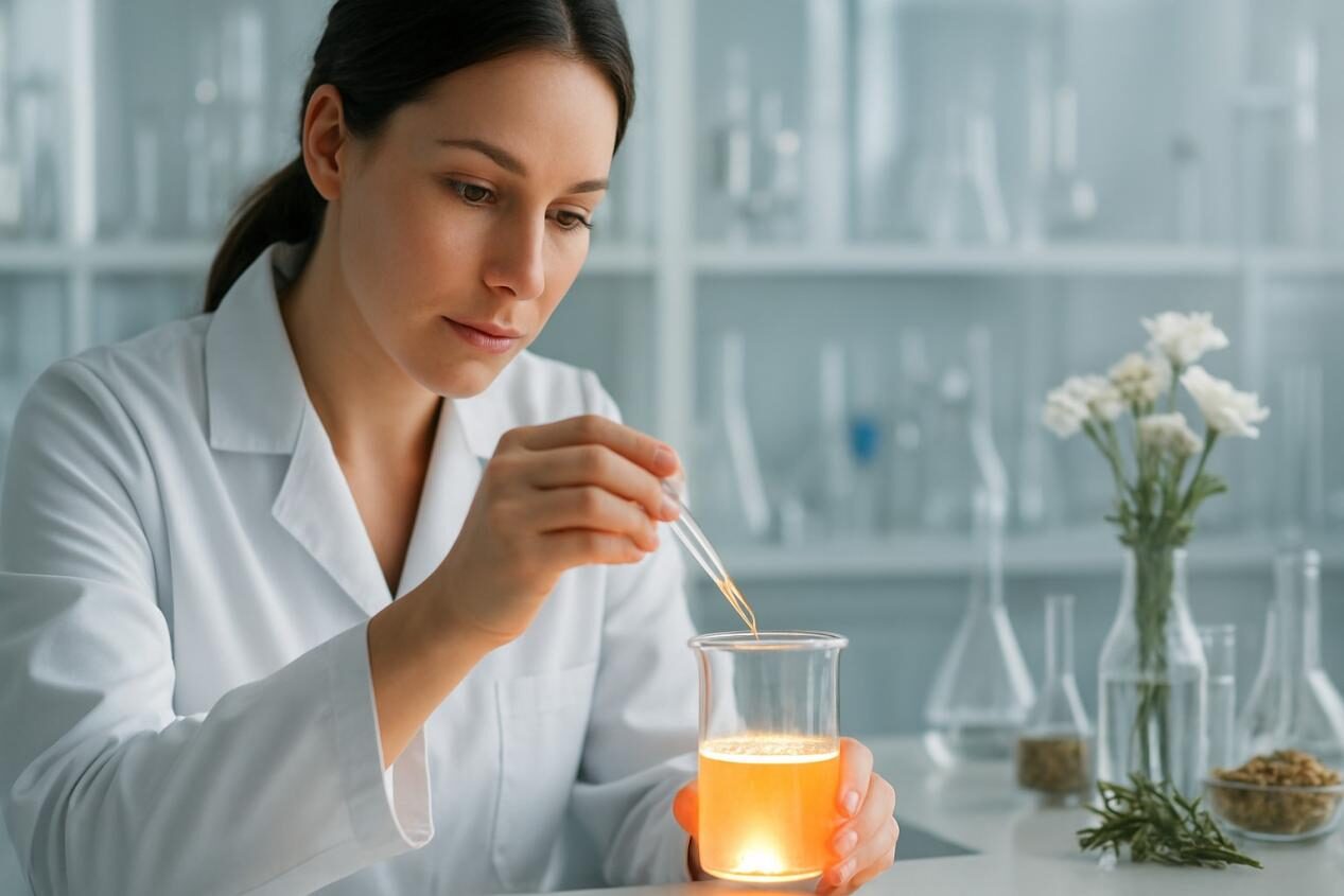 A female flavorist in a modern food science lab, wearing a white lab coat, uses a dropper to drop a glowing liquid into a glass beaker. Laboratory vessels and natural ingredients are in the background, creating an atmosphere that blends technology and nature.