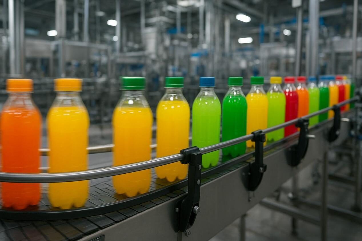 Beverage production line showing colorful bottles for rapid product launch.