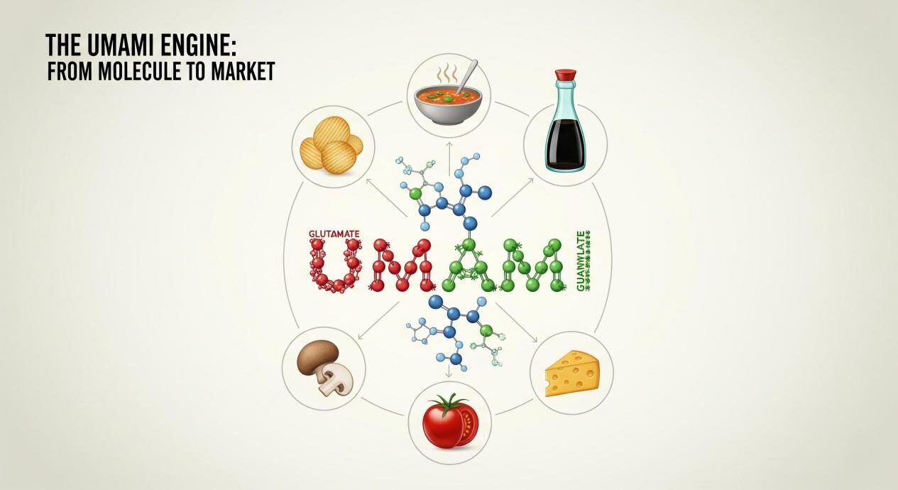 An intricate, professional infographic titled 'The Umami Engine: From Molecule to Market.' A stylized depiction of the word 'Umami' at the center is formed by interconnected molecular structures of glutamate, inosinate, and guanylate. Lines radiate from the central word to icons of various savory foods, including a snack chip, a bowl of soup, a bottle of sauce, a mushroom, a tomato, and a block of aged cheese. The overall design is clean, technical, and visually sophisticated.